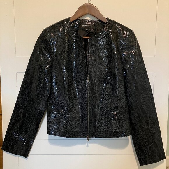 Jones New York Black 100% Leather Snake Print Embossed Jacket Women’s M | Edgy - Picture 1 of 5
